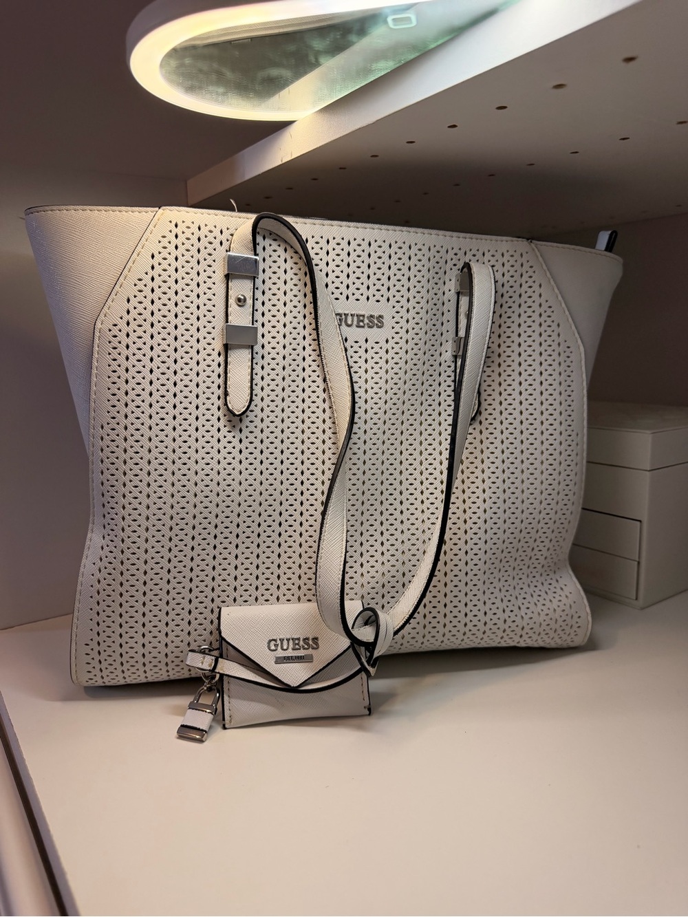 Guess White Perforated Tote with Charm and Strap